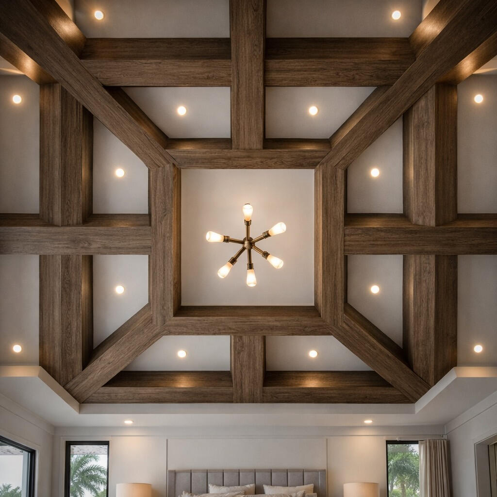 Modern coffered ceiling with wood beams and recessed lighting in a Kansas City home