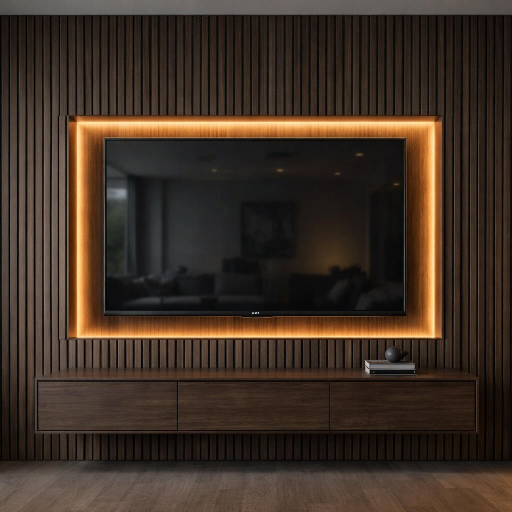 TV media wall with walnut wood slats, floating cabinet, and LED lighting in a modern Kansas City living room