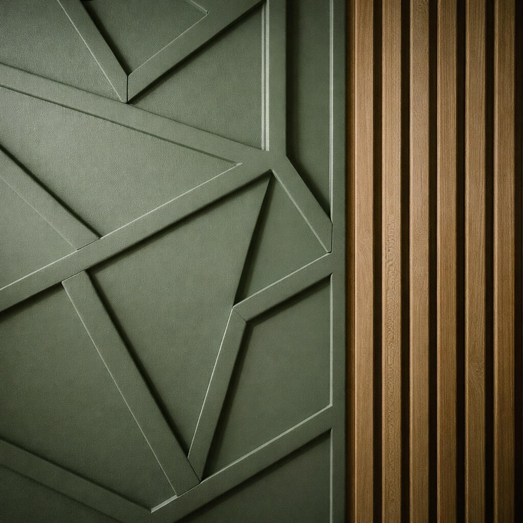 Modern geometric accent wall with wood slat panels in a Kansas City home