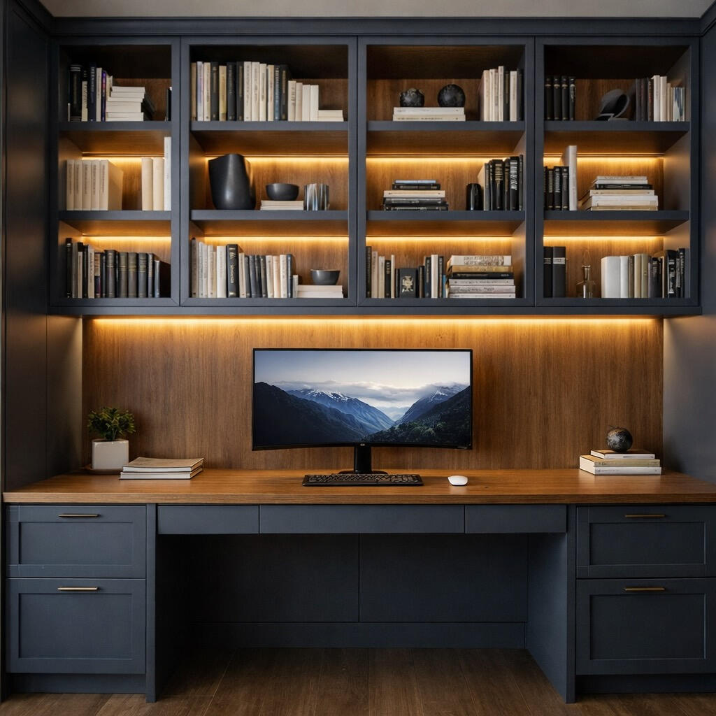 Custom built-in home office cabinets with integrated LED lighting in Kansas City